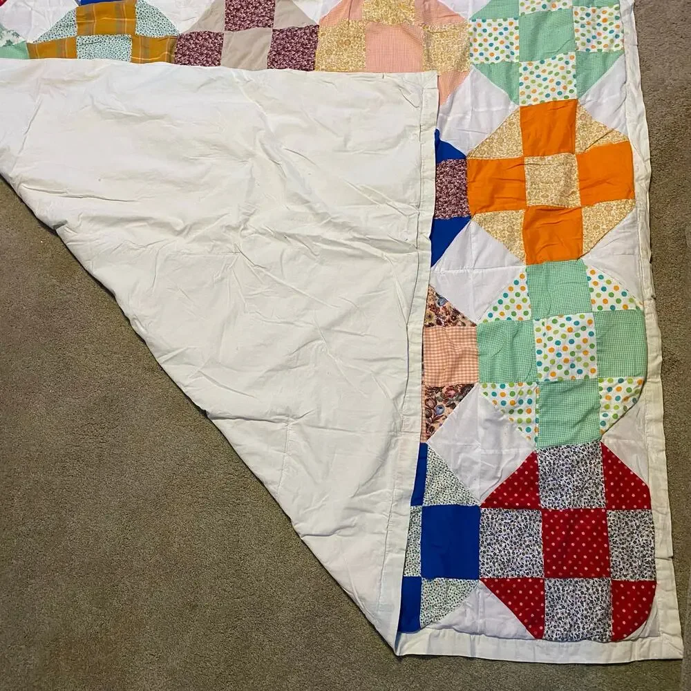 Handmade Vintage 30s Snowball Nine-Patch Quilt 67x72 Large Throw Blanket